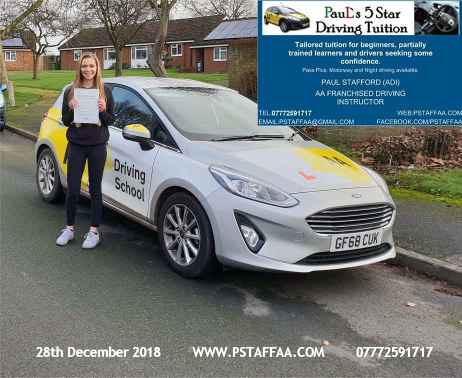 First Time Driving Test Pass for Freya Jones with Paul's 5 Star Driving Tuition